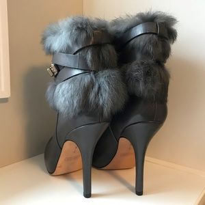 Coach Janeva Rabbit Fur Trimmed Grey Leather Boots